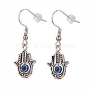 Alloy Hamsa Hand with Resin Evil Eye Dangle Earrings, 316 Surgical Stainless Steel Drop Earrings for Women, Antique Silver & Stainless Steel Color, 38mm, Pin: 0.7mm(EJEW-JE04905)