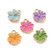 Alloy Enamel Pendants, with Rhinestone, Flower Charm, Golden, Mixed Color, 14x12.5x4mm, Hole: 2mm(X-ENAM-M055-30G)