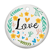 Handmade Porcelain Pendants, Flat Round with Word Love, Yellow Green, 75x2mm(PORC-WH0005-016)