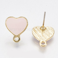 Alloy Stud Earring Findings, with Loop, Raw(Unplated) Pins and Enamel, Heart, Light Gold, Pink, 12x10.5mm, Hole: 1.5mm, Pin: 0.7mm(ENAM-S116-24C)