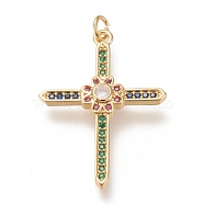 Brass Micro  Pave Cubic Zirconia Pendants, with Jump Rings, Cross with Flower, Colorful, Real 18K Gold Plated, 33x24x3mm, Jump Ring: 5x1mm, 3mm Inner Diameter(ZIRC-L099-010G)