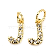 Brass Micro Pave Cubic Zirconia Pendants, with Jump Ring, Letter J, 8~9x4.5~9.5x1.5mm, Hole: 3.6mm(KK-M273-02G-J)