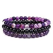 3Pcs 3 Style Natural Amethyst & Black Agate Round Beaded Stretch Bracelets Set, Gemstone Stackable Bracelets for Woman, Wide: 6mm, 7-1/4~7-1/2 inch(18.5~19cm), 1Pc/style(PW23030762789)