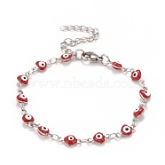 Enamel Heart with Evil Eye Link Chains Bracelet, 304 Stainless Steel Jewelry for Women, Stainless Steel Color, Red, 6-3/4 inch(17.1cm)(BJEW-P271-06P-03)