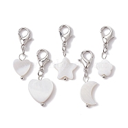 Natural Freshwater Shell Pendants Decorations, with Alloy Lobster Claw Clasps, Heart/Star/Moon/Flower, Platinum, 26~29mm(HJEW-JM01582-01)
