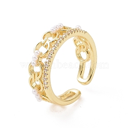 Brass Micro Pave Cubic Zirconia Open Rings, Chain Shape with Plastic Imitation Pearl Cuff Rings for Women, Real 18K Gold Plated, 7mm, Inner Diameter: US Size 7 1/4(17.5mm)(RJEW-J017-VC200)