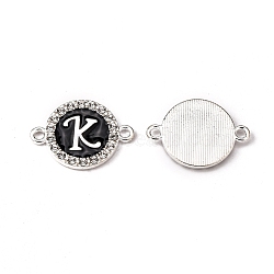 Alloy Enamel Links Connectors, with Crystal Rhinestones, Flat Round with Letter, Silver Color Plated, Letter.K, 22x16x2mm, Hole: 1.8mm(ENAM-TAC0003-01S-02K)