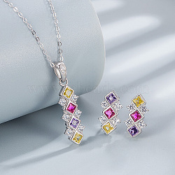 Rhombus Rhodium Plated 925 Sterling Silver Pave Colorful Cubic Zirconia Pendant Necklaces & Stud Earrings Sets for Women, Platinum, 400mm(WGF0FD8-05)