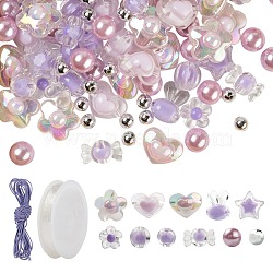 1 Bag 480Pcs Purple Transparent/Imitation Pearl Acrylic Beads, 1 Roll Elastic Crystal Thread, Elastic Cord, for DIY Bracelet Making Kits, Purple, Beads: 480pcs(DIY-LS0003-03)