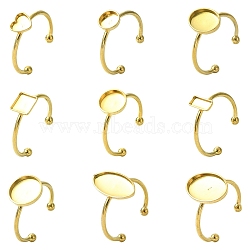 9Pcs 9 Styles Ion Plating(IP) 304 Stainless Steel Open Cuff Ring Components, Mixed Shape Pad Ring Setting, Real 18K Gold Plated, Tray: 6~14x6~10mm, 1.5mm, 1pc/style(STAS-YW0003-18G)