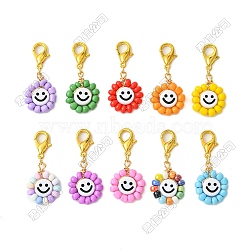 20Pcs 10 Colors Flat Round with Smiling Face Glass Seed Pendant Decorations, Alloy Lobster Claw Clasps Charm for Bag Key Ornaments, Mixed Color, 41mm, 2pcs/color(HJEW-SZ00012)
