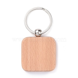 Natural Wood Keychain, with Platinum Plated Iron Split Key Rings, Square, BurlyWood, 7.5cm, Square: 48.5x39.5x7mm(HJEW-P008-05)