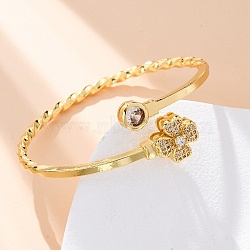 Brass Micro Pave Clear Cubic Zirconia Cuff Bangles for Women, Clover & Flat Round, Rack Plating, Cadmium Free & Lead Free, Lasting Plated, Real 18K Gold Plated, Inner Diameter: 1-3/4 inch(4.6cm)(BJEW-U025-07G)