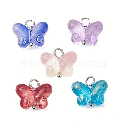 Transparent Baking Paint Glass Pendant, with Brass Loops, Butterfly, Platinum, Mixed Color, 12x14.5x5.5mm, Hole: 2.8~3mm(PALLOY-JF02340-01-3S)