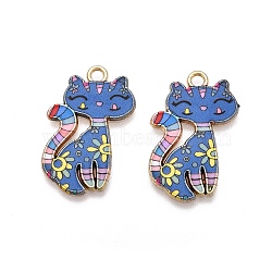 Printed Alloy Pendants, Lead Free & Cadmium Free & Nickel Free, Cat Charm, Golden, Dodger Blue, 26x17x2mm, Hole: 2mm(PALLOY-H127-01G-05)