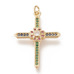 Brass Micro  Pave Cubic Zirconia Pendants, with Jump Rings, Cross with Flower, Colorful, Real 18K Gold Plated, 33x24x3mm, Jump Ring: 5x1mm, 3mm Inner Diameter(ZIRC-L099-010G)