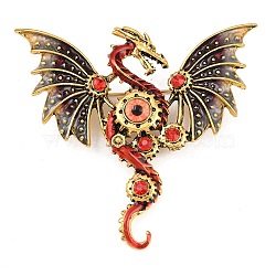 Dragon with Evil Eye Alloy Rhinestone with Plastic Lapel Pins for Backpack Clothes, Antique Golden, FireBrick, 56x61mm(JEWB-G043-02A)