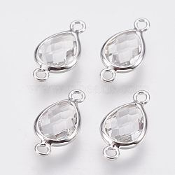 Glass Links connectors, with Brass Findings, Faceted Teardrop, Nickel Free, Real Platinum Plated, Clear, 14x7x3mm, Hole: 1.2mm(KK-Q752-002P)