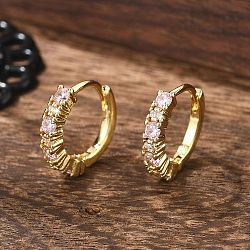 Luxury Pink Cubic Zirconia Huggie Hoop Earrings, Brass Hoop Earrings for Women, Lead Free & Cadmium Free & Nickel Free, Real 18K Gold Plated, 9 Gauge, 14x3mm, Pin: 1mm(EJEW-C012-04)