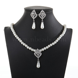 Alloy Rhinestone & Plastic Pearl Pendant Necklaces & Stud Dangle Earrings Sets, Flower & Teardrop, Platinum, 420mm(FS-WGE3E8B-01)