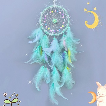 Woven Web/Net with Feather Decorations, with Iron Ring, for Home Bedroom Hanging Decorations, Flower, Aquamarine, 580mm