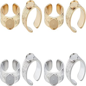 4Pcs 2 Colors 304 Stainless Steel Open Cuff Ring Findings, Ped Ring Settings, Flat Round, Golden & Stainless Steel Color, US Size 7 1/4(17.5mm), Tray: 8mm, 2Pcs/color