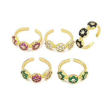 Rack Plating Brass Micro Pave Cubic Zirconia Flower Open Cuff Rings for Women, Cadmium Free & Lead Free, Long-Lasting Plated, Real 18K Gold Plated, Mixed Color, 7mm, Adjustable