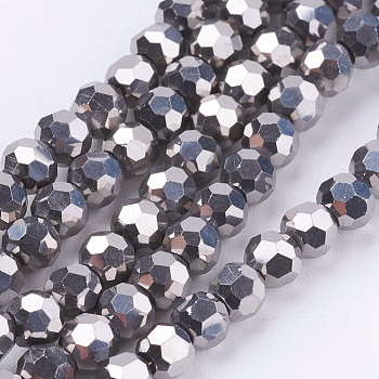 Electroplate Glass Bead Strands, Faceted(32 Facets), Round, Silver Plated, 4mm, Hole: 0.5mm, about 100pcs/strand, 14.2 inch