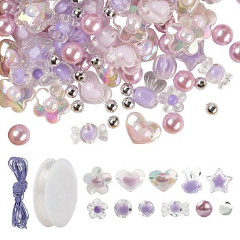 1 Bag 480Pcs Purple Transparent/Imitation Pearl Acrylic Beads, 1 Roll Elastic Crystal Thread, Elastic Cord, for DIY Bracelet Making Kits, Purple, Beads: 480pcs