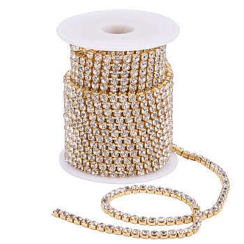 Brass Rhinestone Strass Chains, with Spool, Rhinestone Cup Chains, Raw(Unplated), Nickel Free, Crystal, 4mm, about 10yards/roll