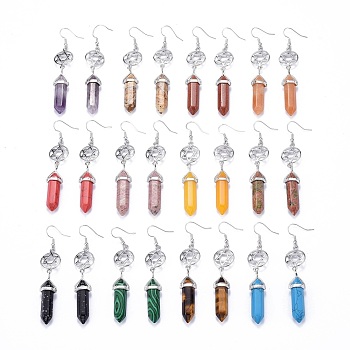 Pointed Bullet Natural & Synthetic Mixed Gemstone Dangle Earrings, with Brass Earring Hooks and Flat Round with Star of David, Platinum, 78mm, Pin: 0.7mm
