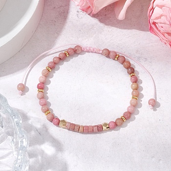 Natural Rhodonite Braided Bead Bracelets, Nylon Cord Adjustable Bracelets, Round & Column, Inner Diameter: 2-1/4~3-1/2 inch(5.6~9cm)