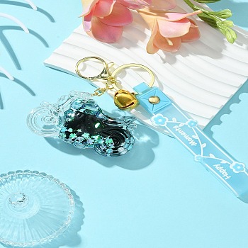 Motorbike Quicksand Acrylic Keychain, with PVC Rope and Alloy Bell, Light Sky Blue, 11cm