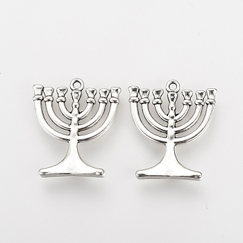 Tibetan Style Alloy Pendants, Judaica Temple Menorah Charms, Seven-branch Candlestick, Cadmium Free & Nickel Free & Lead Free, Antique Silver, 23x20x2mm, Hole: 1.5mm, about 530pcs/1000g