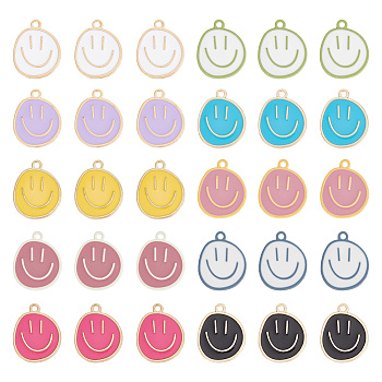 60Pcs 10 Styles Alloy Pendants, Flat Round with Smiling Face Pattern Charm, Mixed Color, 24.5~25x20x1.5mm, Hole: 2mm, 6pcs/style