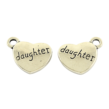 Tibetan Style Alloy Family Charms, Heart with Word daughter, Cadmium Free & Lead Free, Antique Silver, 13x15x3mm, Hole: 3mm