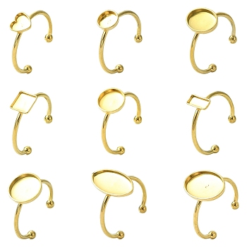 9Pcs 9 Styles Ion Plating(IP) 304 Stainless Steel Open Cuff Ring Components, Mixed Shape Pad Ring Setting, Real 18K Gold Plated, Tray: 6~14x6~10mm, 1.5mm, 1pc/style