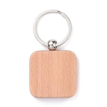 Natural Wood Keychain, with Platinum Plated Iron Split Key Rings, Square, BurlyWood, 7.5cm, Square: 48.5x39.5x7mm