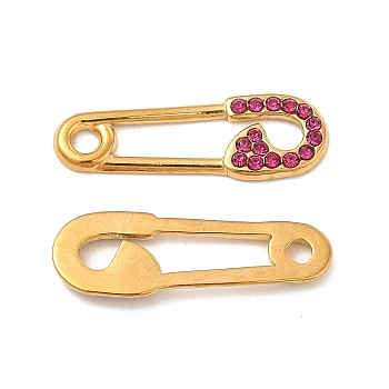 Vacuum Plating 201 Stainless Steel Rhinestone Connector Charms, Safety Pin Links, Real 18K Gold Plated, Fuchsia, 24.5x8x1.5mm, Hole: 2mm and 3mm
