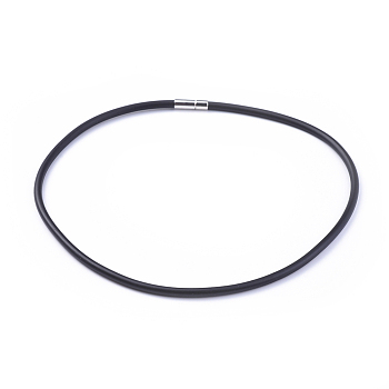 Rubber Necklace Making, with Brass Box Clasps, Platinum Color, Black, Size: necklace: about 460mm long, 135mm inner diameter, cord: about 4mm thick