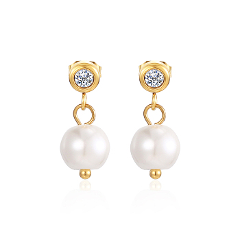 Elegant Stainless Steel Stud Earrings, Natural Pearls Drop Earrings, Golden
