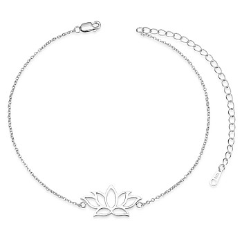 SHEGRACE Rhodium Plated 925 Sterling Silver Link Anklets, with Cable Chain, Lotus, Platinum, 8-1/4 inch(21cm)