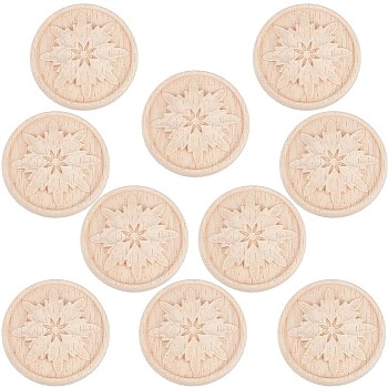 Wood Carved Onlay Applique Craft, Unpainted Onlay Furniture Home Decoration, Flower Pattern, Flat Round, 48x7.5mm