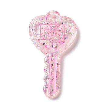 Acylic Pendant with Glitter Powder, Key with Heart, Pearl Pink, 57.5x29.5x6mm, Hole: 2.3mm