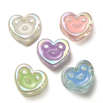 UV Plating Rainbow Iridescent Acrylic Enamel Beads, Heart with Bear Pattern, Mixed Color, 17.5x20x9mm, Hole: 3.5mm