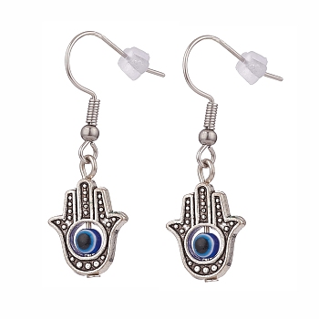 Alloy Hamsa Hand with Resin Evil Eye Dangle Earrings, 316 Surgical Stainless Steel Drop Earrings for Women, Antique Silver & Stainless Steel Color, 38mm, Pin: 0.7mm