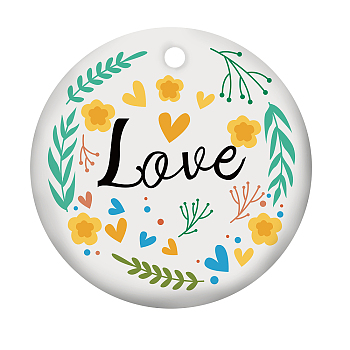 Handmade Porcelain Pendants, Flat Round with Word Love, Yellow Green, 75x2mm