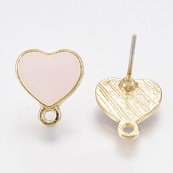 Alloy Stud Earring Findings, with Loop, Raw(Unplated) Pins and Enamel, Heart, Light Gold, Pink, 12x10.5mm, Hole: 1.5mm, Pin: 0.7mm