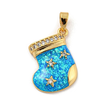 Christmas Brass Micro Pave Cubic Zirconia Pendant, with Synthetic Opal, Christmas Stocking, Deep Sky Blue, 19x16.5x4mm, Hole: 5x3mm