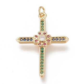Brass Micro  Pave Cubic Zirconia Pendants, with Jump Rings, Cross with Flower, Colorful, Real 18K Gold Plated, 33x24x3mm, Jump Ring: 5x1mm, 3mm Inner Diameter
